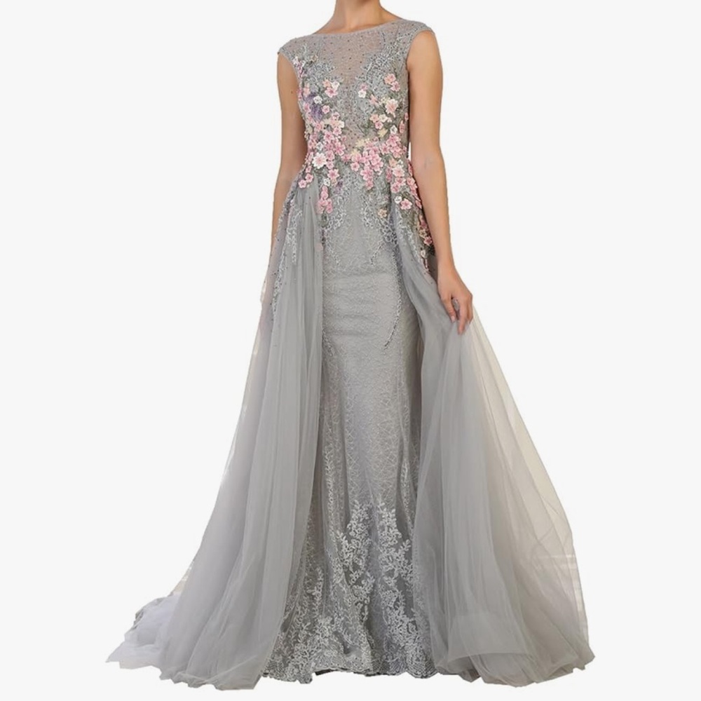 Elegant Grey Evening Gown with Pink Floral Appliqué